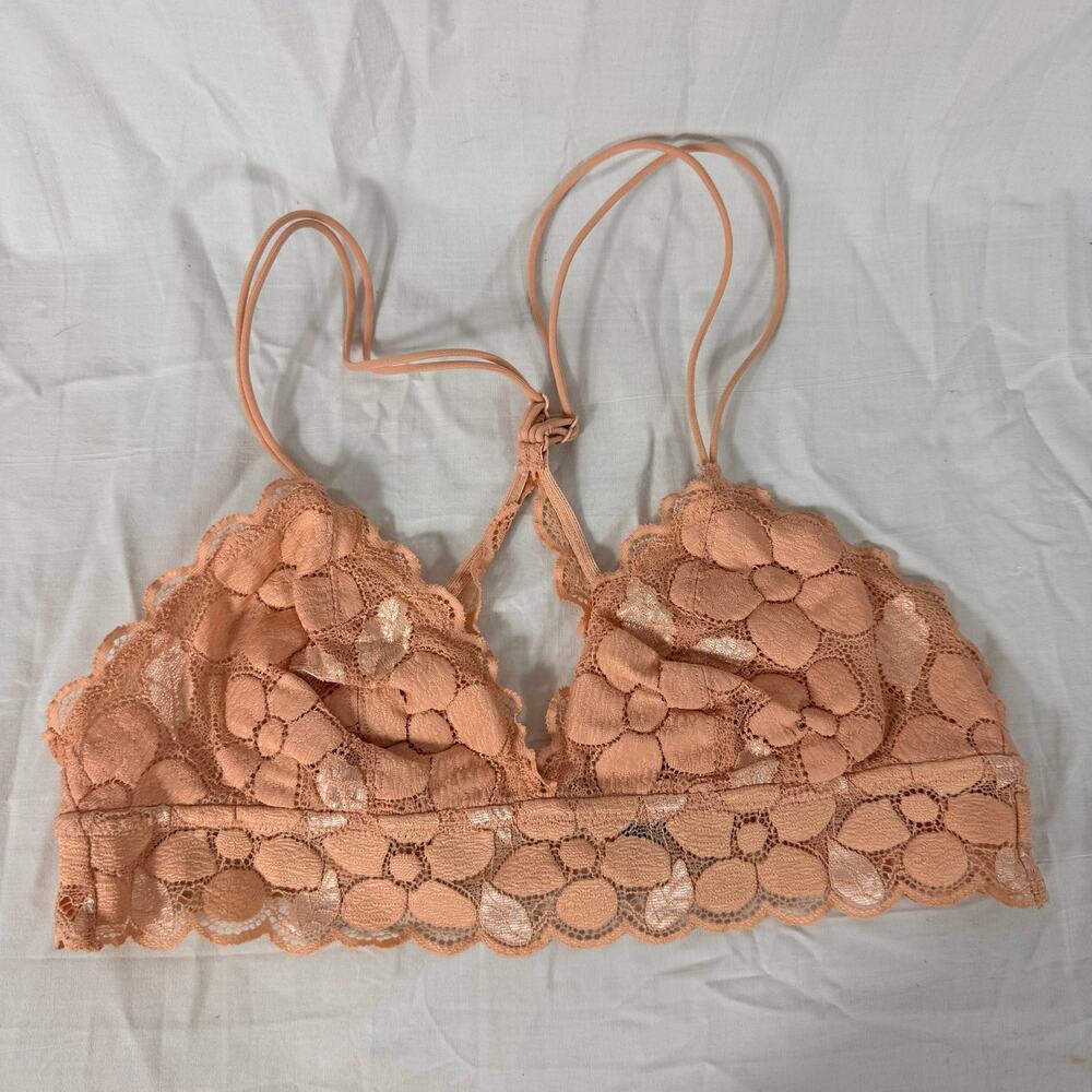 Aerie Peach Lace Bralette Womens M Cross Racerback Lined Wirefree Bra